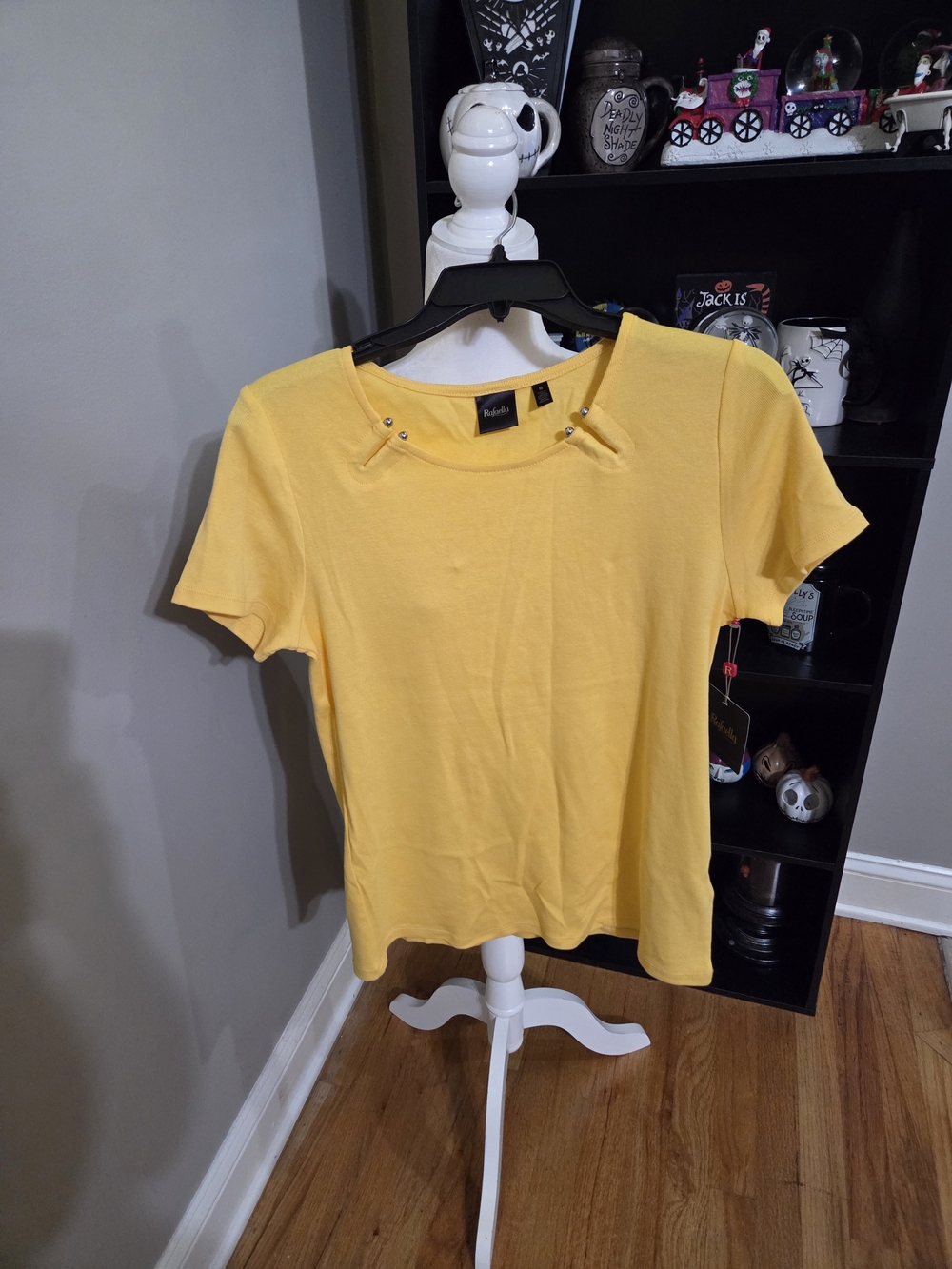 Rafaella Yellow Short-Sleeve Tee with Stud Neck Detail